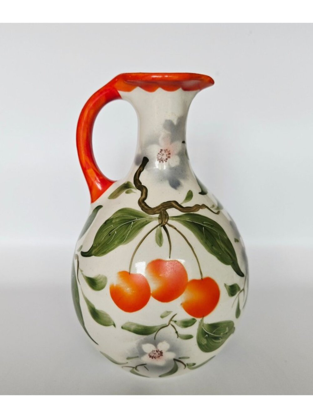 Erphila Pottery Pitcher with fruit, cherry florals , bright orange and Cream, Pe